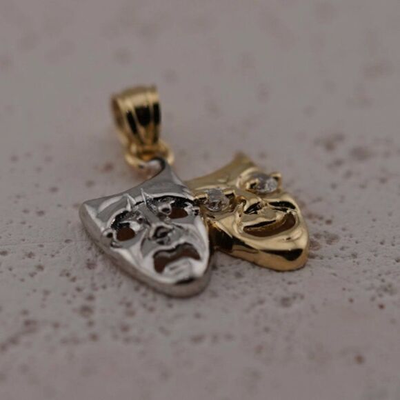 14k Solid Yellow Gold Comedy & Tragedy Pendant | Theatrical Artistry Charm | - Picture 3 of 6
